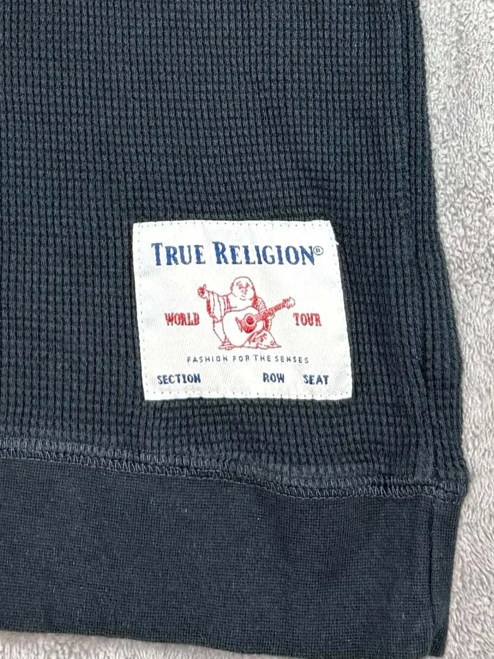 True Religion Men's Waffle Knit Long Sleeve Henley Shirt in Black, L
